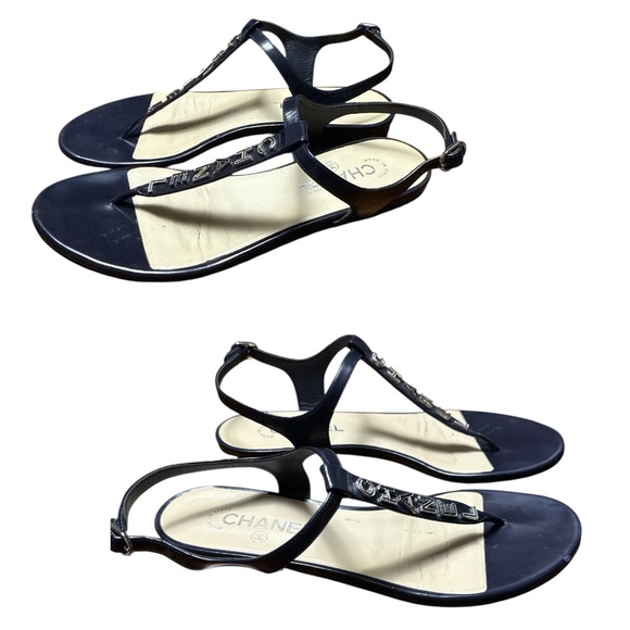 CHANEL BLACK Leather Logo T-Strap Sandals 39.5C - Picture 3 of 8